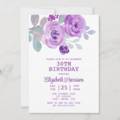 パステルパープルバラフローラグリーンリー30th誕生日 招待状 (正面)
