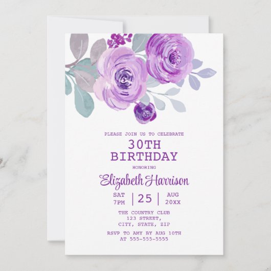 パステルパープルバラフローラグリーンリー30th誕生日 招待状 (正面)