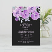 パステルパープルバラフローラブラックバースデーパーティー 招待状 (スタンド正面)