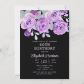 パステルパープルバラフローラブラック60誕生日 招待状 (正面)