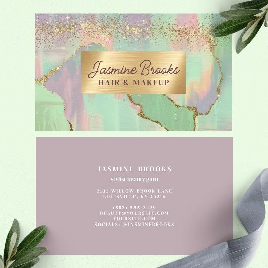 パステルパープルピンクアンドミントモダン金ゴールドアクセント 名刺