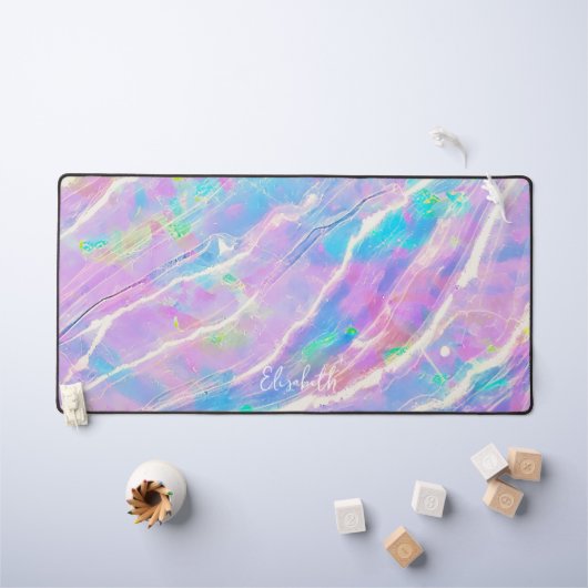 パステルパープルピンク&ティール（緑がかった色）ホログラフィックマーブルネーム デスクマット (キッズテーブル)