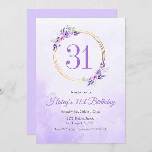 パステルパープルフローラゴールデンリース31st誕生日 招待状 (正面/裏面)