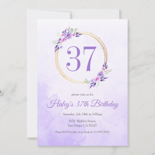パステルパープルフローラゴールデンリース37th誕生日 招待状 (正面)