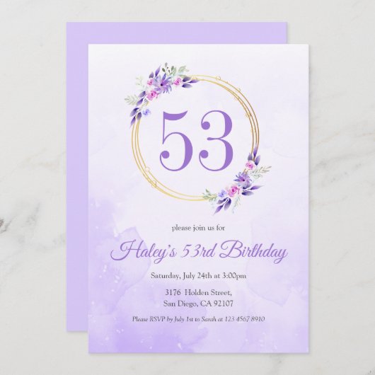パステルパープルフローラゴールデンリース53rd誕生日 招待状 (正面/裏面)