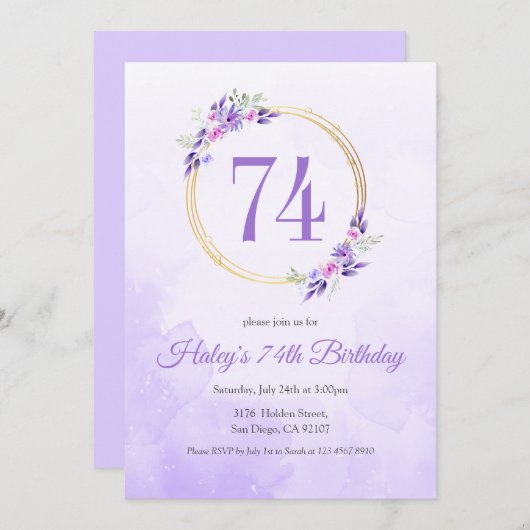 パステルパープルフローラゴールデンリース74th誕生日 招待状 (正面/裏面)