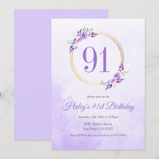 パステルパープルフローラゴールデンリース91st誕生日 招待状 (正面/裏面)