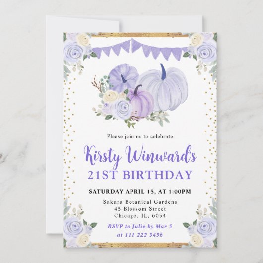 パステルパープルフローラパンプキン秋21st誕生日 招待状 (正面)