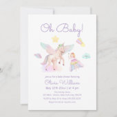 パステルパープルプリンセスユニコーンガールベイビーシャワー 招待状 (正面)