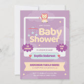 パステルパープルベビーシャワー招待状かわいいライオン 招待状 (正面)