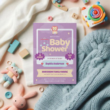 パステルパープルベビーシャワー招待状かわいいライオン