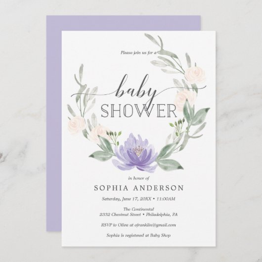 パステルパープルベビーシャワー招待状 招待状 (正面/裏面)