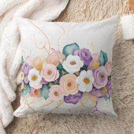 パステルパープルホワイトオレンジ色の水彩花 クッション