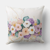 パステルパープルホワイトオレンジ色の水彩花 クッション (裏面)