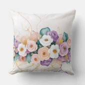パステルパープルホワイトオレンジ色の水彩花 クッション (正面)