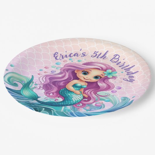 パステルパープルリトルマーメイドウォーター誕生日 ペーパープレート (アングル)