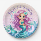 パステルパープルリトルマーメイドウォーター誕生日 ペーパープレート (正面)