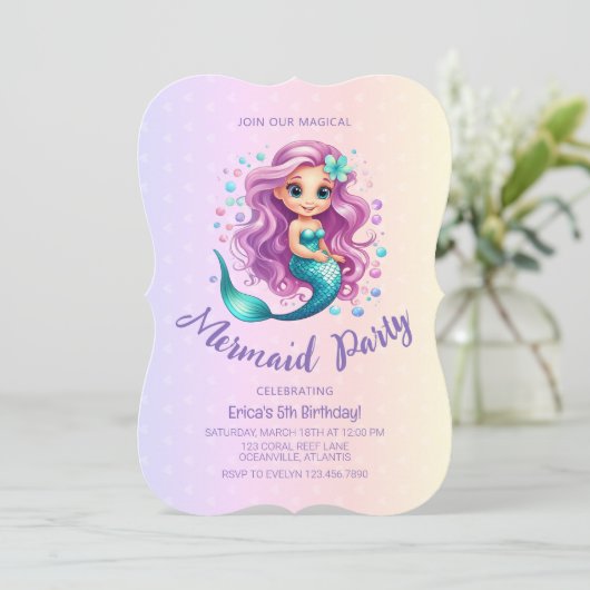 パステルパープルリトルマーメイドウォーター誕生日 招待状 (スタンド正面)