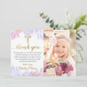 パステルパープル金ゴールドフローラファーストコミュニオンフォト サンキューカード (スタンド正面)