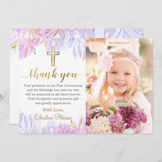 パステルパープル金ゴールドフローラファーストコミュニオンフォト サンキューカード (正面/裏面)