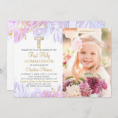 パステルパープル金ゴールドフローラファーストコミュニオンフォト 招待状 (正面/裏面)