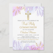 パステルパープル金ゴールドフローラファーストホーリーコミュニオン 招待状 (正面)