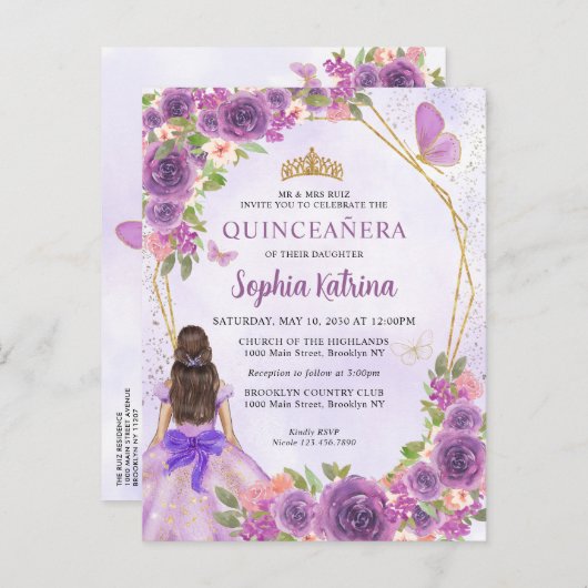 パステルパープル金ゴールドフローラプリンセスキンセアニラ インビテーションポストカード (正面/裏面)