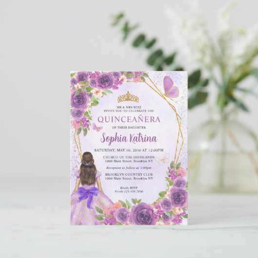 パステルパープル金ゴールドフローラプリンセスキンセアニラ インビテーションポストカード (スタンド正面)