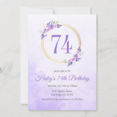 パステルパープル フラワー ゴールド リース 74歳 誕生日 招待状 (正面)