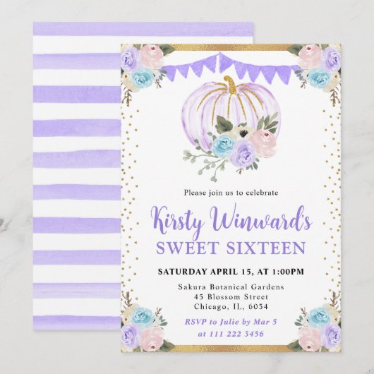 パステルパープル&ブルーフローラパンプキンス秋スウィート16 招待状 (正面/裏面)