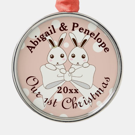 パステルピンクかわいいバニーツインガールキッズクリスマス メタルオーナメント (正面)