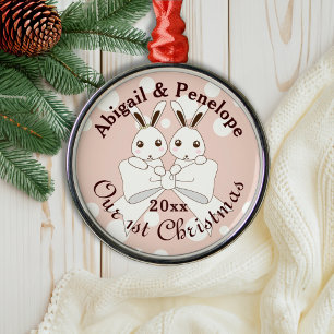 パステルピンクかわいいバニーツインガールキッズクリスマス メタルオーナメント