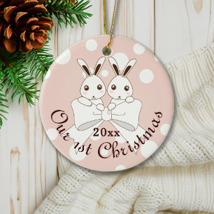 パステルピンクかわいいバニーツインガールクリスマス セラミックオーナメント