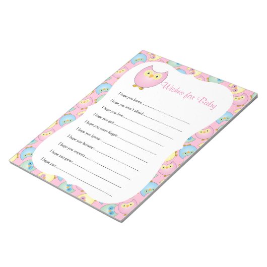 パステルピンクかわいいフクロウ赤ちゃんシャワーテーマ – ウィッシュ ノートパッド (アングル)