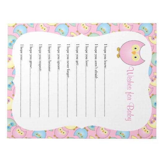 パステルピンクかわいいフクロウ赤ちゃんシャワーテーマ – ウィッシュ ノートパッド (正面)