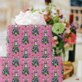 パステルピンクかわいい水色バニーフローラ復活祭 ラッピングペーパー