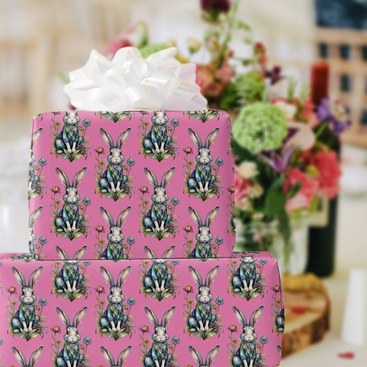 パステルピンクかわいい水色バニーフローラ復活祭 ラッピングペーパー