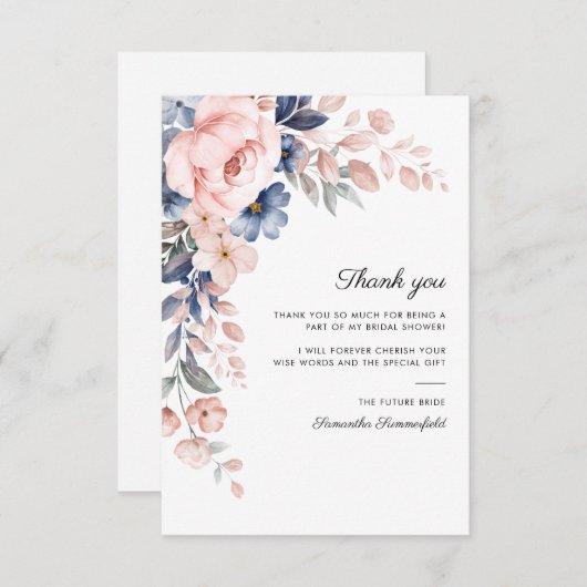 パステルピンクとインディゴブルーの花柄スクリプト ブライダルシャワー サンキューカード