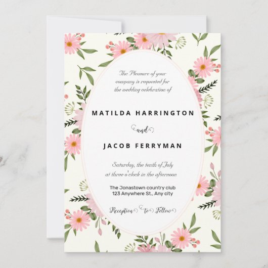パステルピンクとグリーンのフローラフレーム 招待状 (正面)