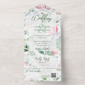 パステルピンクとグリーンの水彩花模様QRコード オールインワン招待状 (内側)