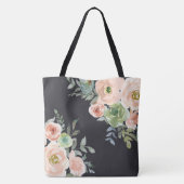 パステルピンクとグリーンの花柄 ネイビー背景 トートバッグ (裏面)
