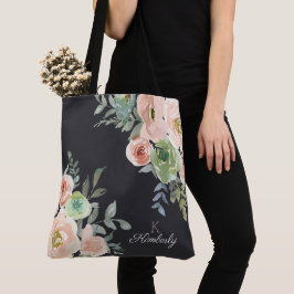 パステルピンクとグリーンの花柄 ネイビー トートバッグ イニシャル