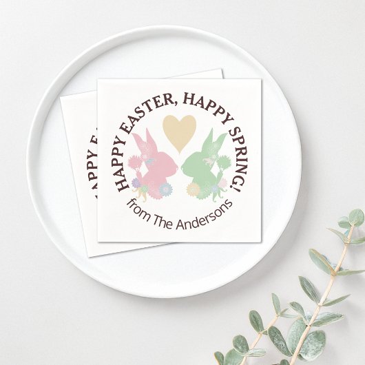 パステルピンクとグリーンバンニーとハートイースター スタンダードカクテルナプキン