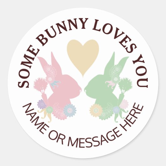 パステルピンクとグリーンバンニーとハートカスタム ラウンドシール (正面)