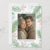 パステルピンクとグリーンホリークリスマス シーズンカード (正面)