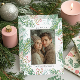 パステルピンクとグリーンホリークリスマス シーズンカード