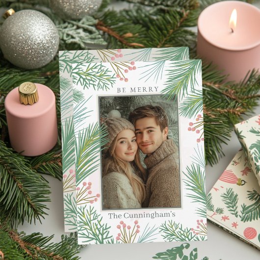 パステルピンクとグリーンホリークリスマス シーズンカード