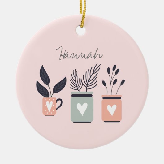 パステルピンクとグレーのモダンポット植物 セラミックオーナメント (正面)