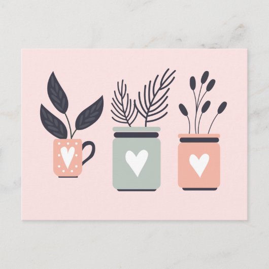 パステルピンクとグレーのモダンポット植物 ポストカード (正面)