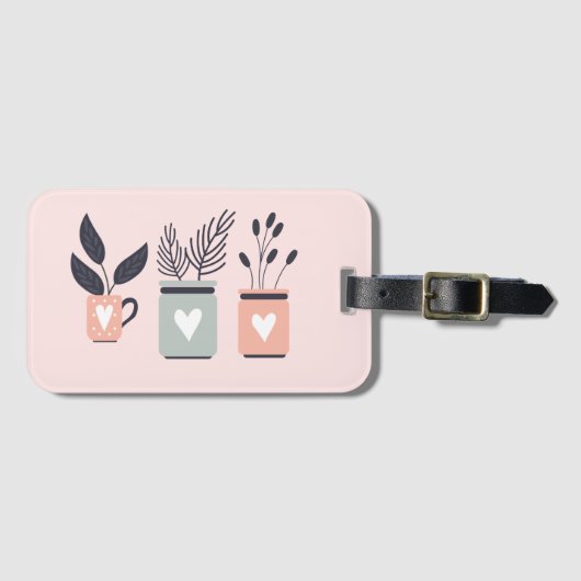 パステルピンクとグレーのモダンポット植物 ラゲッジタグ (正面横)